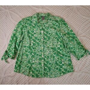 IB Diffusion Womens PXL Button Down Shirt Green White Floral Rose‎ Tie Sleeve
